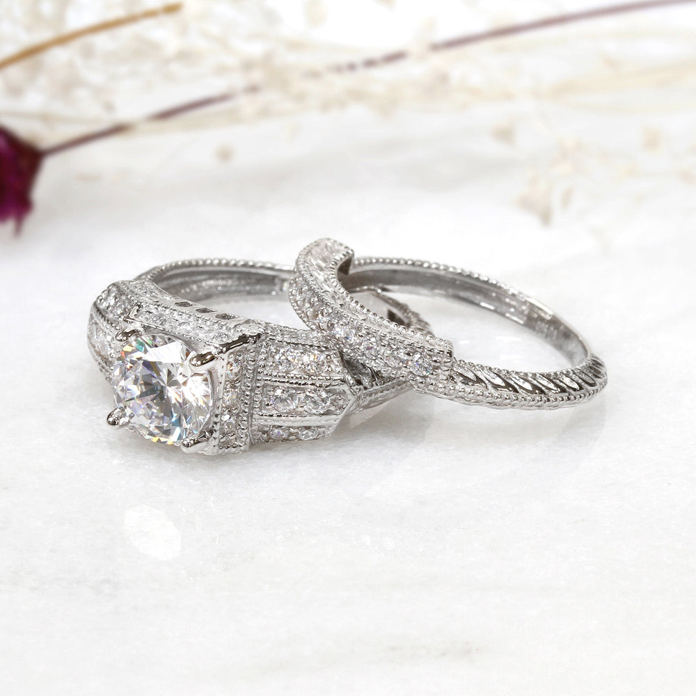 1.25 CT Round Cut Bold Vintage Bridal Ring Set in Sterling Silver Shineofdiamond
