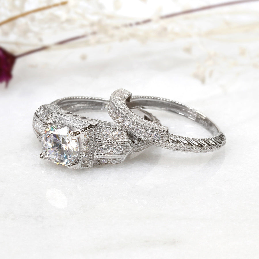 1.25 CT Round Cut Bold Vintage Bridal Ring Set in Sterling Silver Shineofdiamond