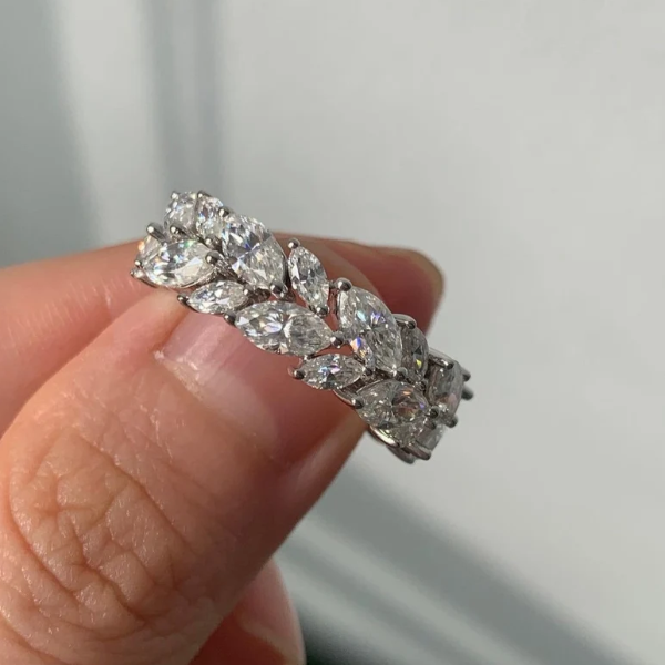 Leaf Inspired Marquise Cut Half Wedding Band in Sterling Silver Shineofdiamond