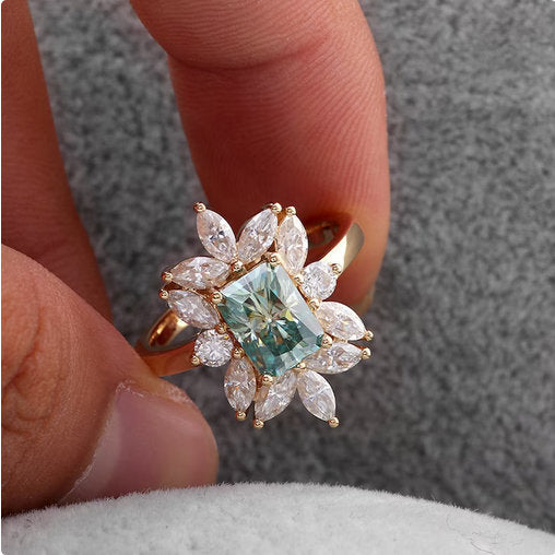 Blue Radiant Cut Engagement Ring in Sterling Silver with Marquise Cluster Side Stone Shineofdiamond