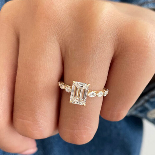Gold Plated Vintage Emerald Cut Engagement Ring with Side Stones CASA LARO