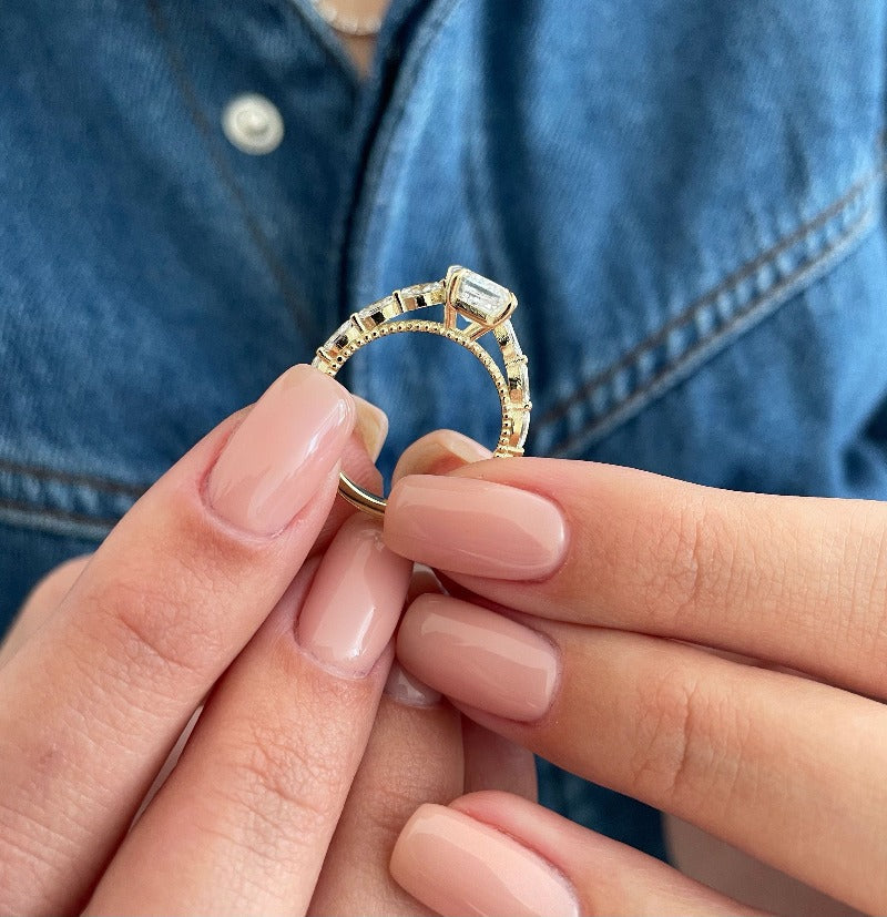 Gold Plated Vintage Emerald Cut Engagement Ring with Side Stones CASA LARO