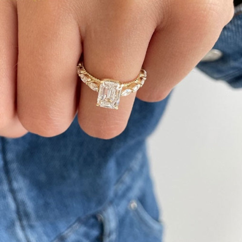 Gold Plated Vintage Emerald Cut Engagement Ring with Side Stones CASA LARO