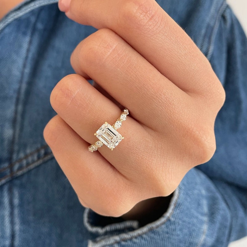 Gold Plated Vintage Emerald Cut Engagement Ring with Side Stones CASA LARO