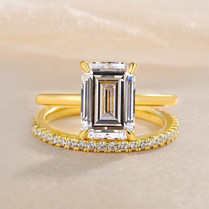 2pcs Gold Tone Emerald Cut Bridal Set Ring In Sterling Silver Shineofdiamond