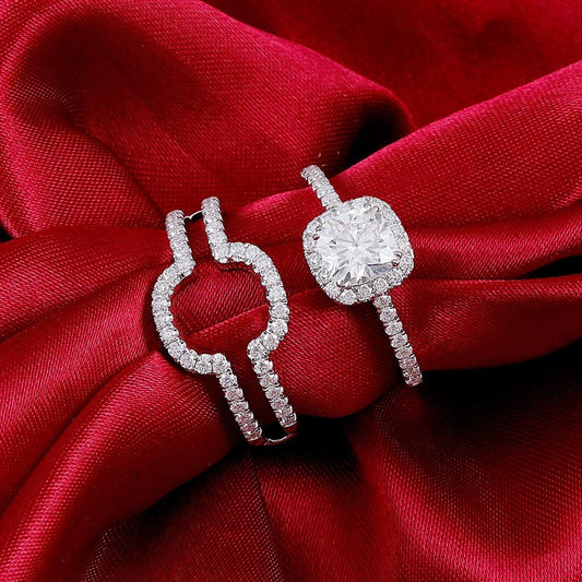 Cushion Cut Halo Enhancer Guard Bridal Ring Set in Sterling Silver Shineofdiamond