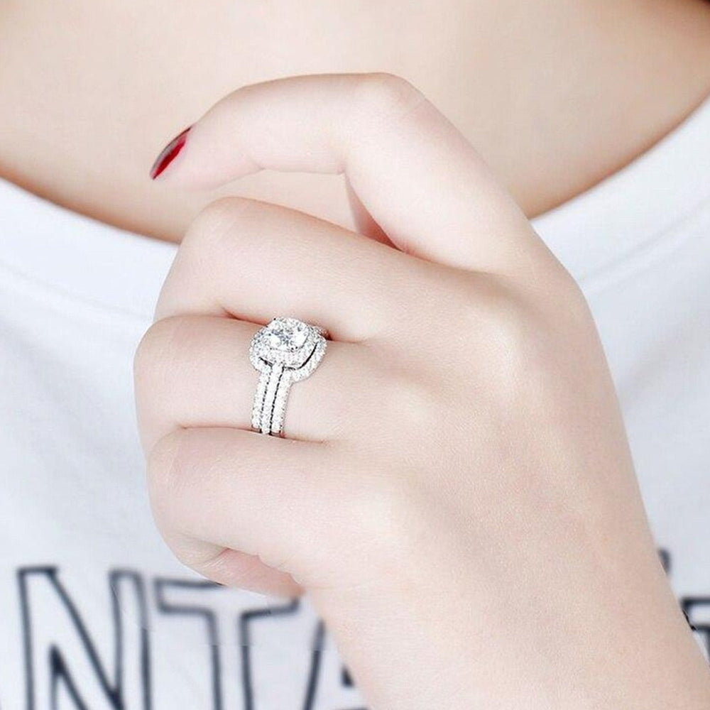 Cushion Cut Halo Enhancer Guard Bridal Ring Set in Sterling Silver Shineofdiamond