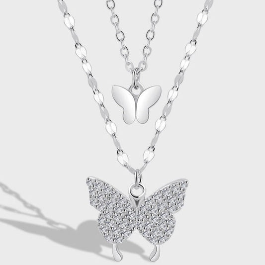Butterfly Pendant Double Layer Necklace in Sterling Silver Shineofdiamond