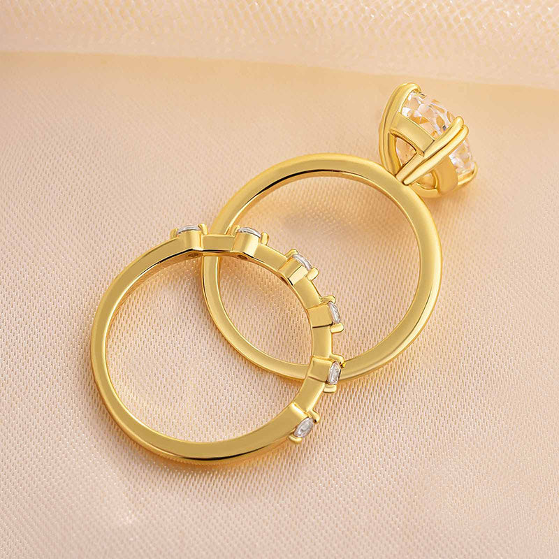 2Pcs Oval Cut Golden Tone Wedding Ring Bridal Set In Sterling Silver Shineofdiamond
