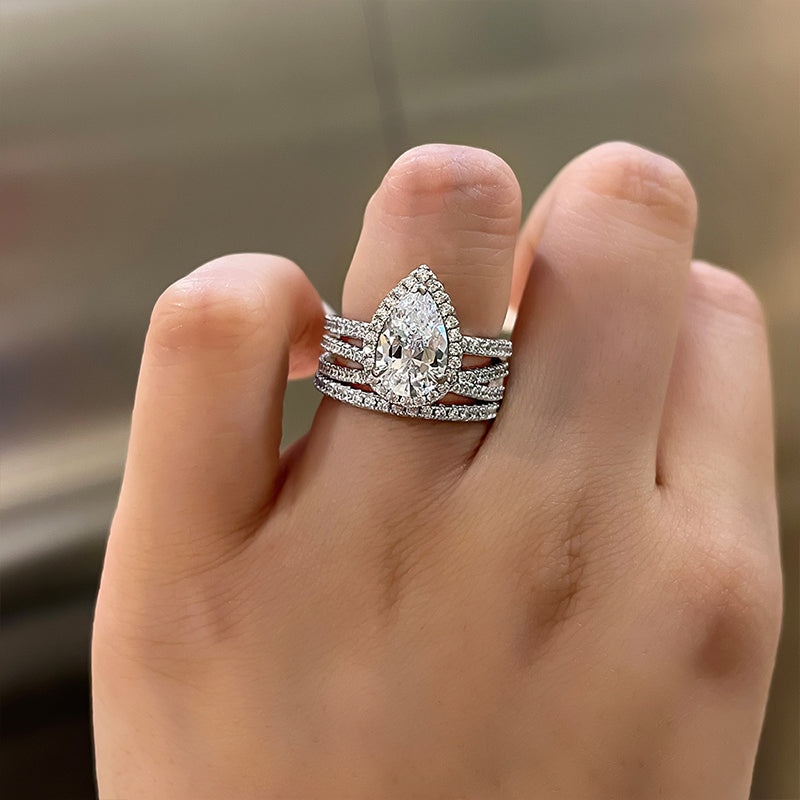 3PCS Halo Pear Cut Bridal Set Ring Sterling Silver Shineofdiamond