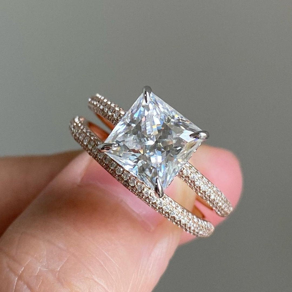 2Pcs Princess Cut  Pave Bridal Ring Set in Sterling Silver shineofdiamond