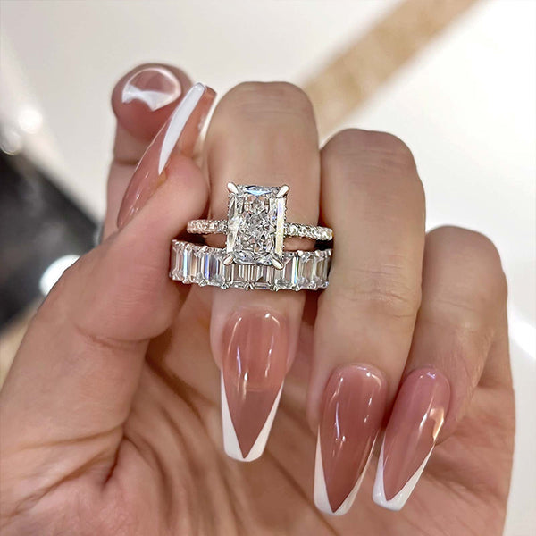 2PCS Radiant Cut with Emerald Cut Shank Wedding Ring Set in Sterling Silver Shineofdiamond