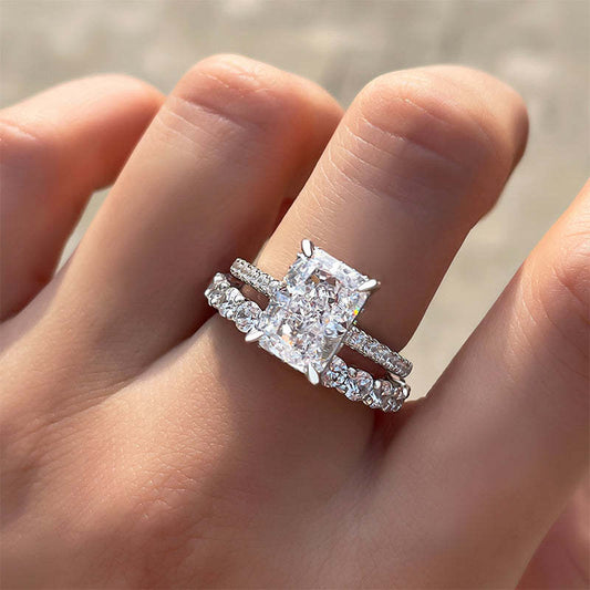 Solitaire Radiant Cut Bridal Set Rings with Round Cut Band In Sterling Silver shineofdiamond
