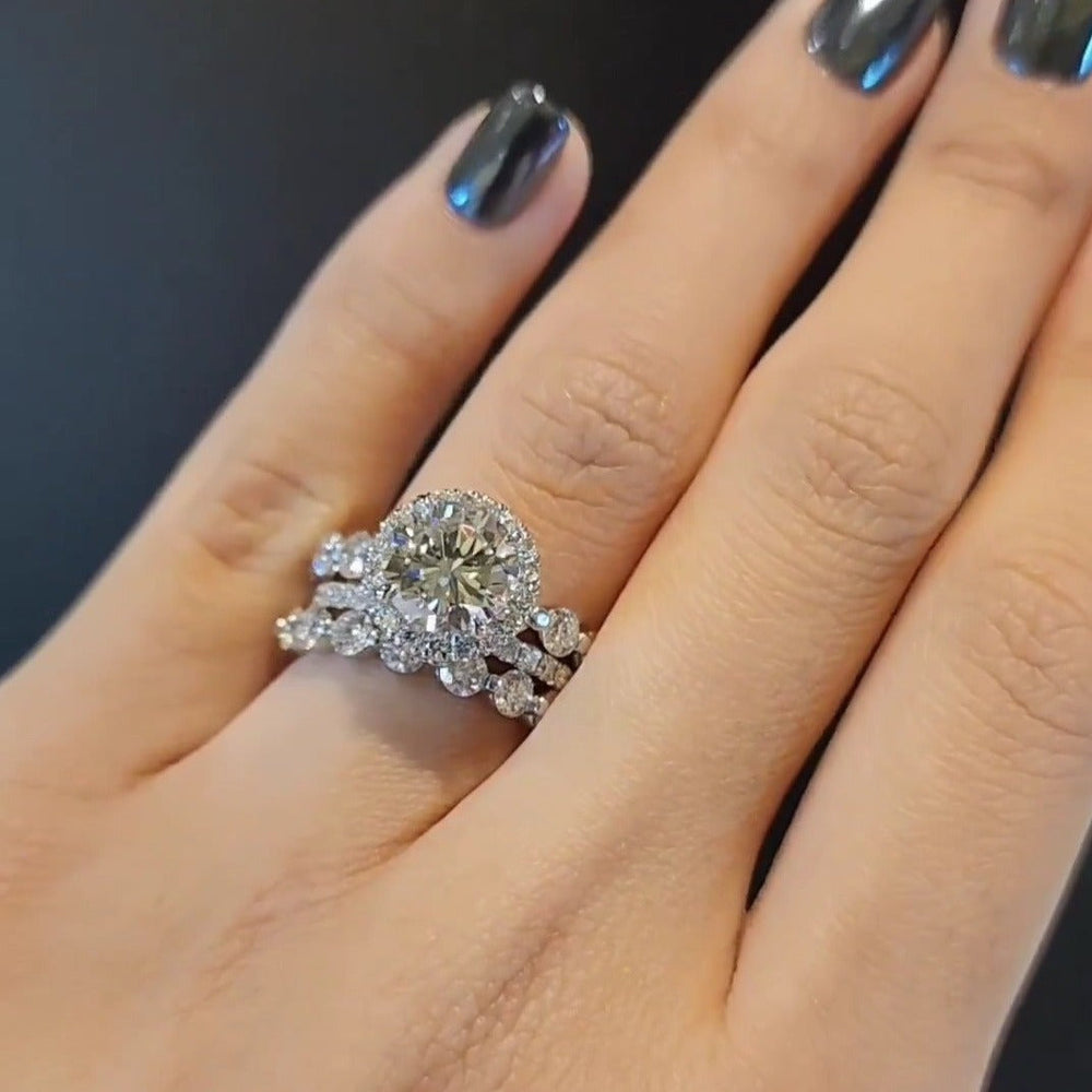 3pcs Halo Round Cut Bridal Set Ring in Sterling Silver Shineofdiamond