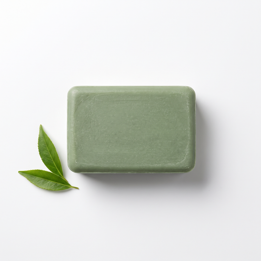 Verdano tea tree antifungal soap bar with a fresh tea tree leaf