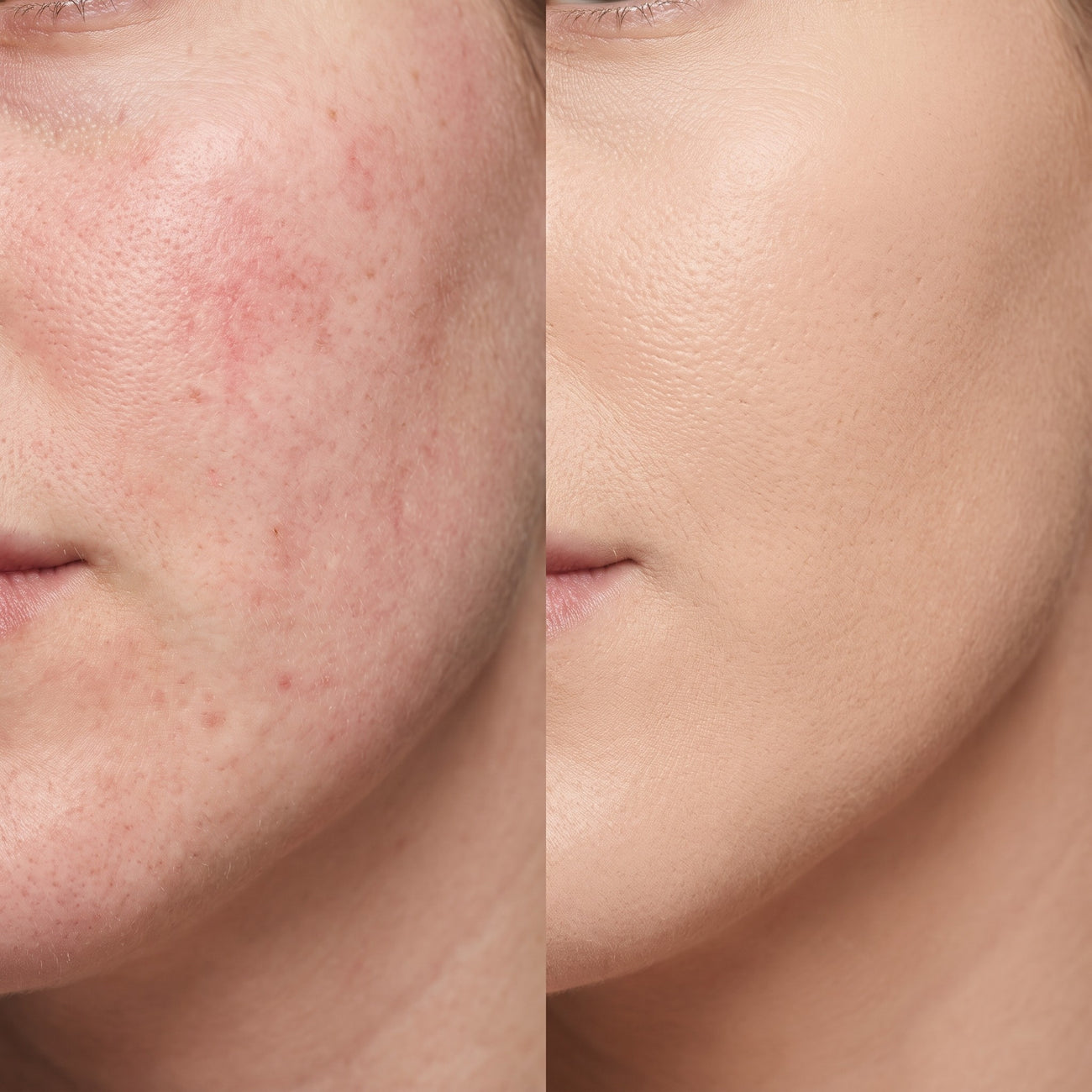 Before and after showing redness softened after blending Viora foundation
