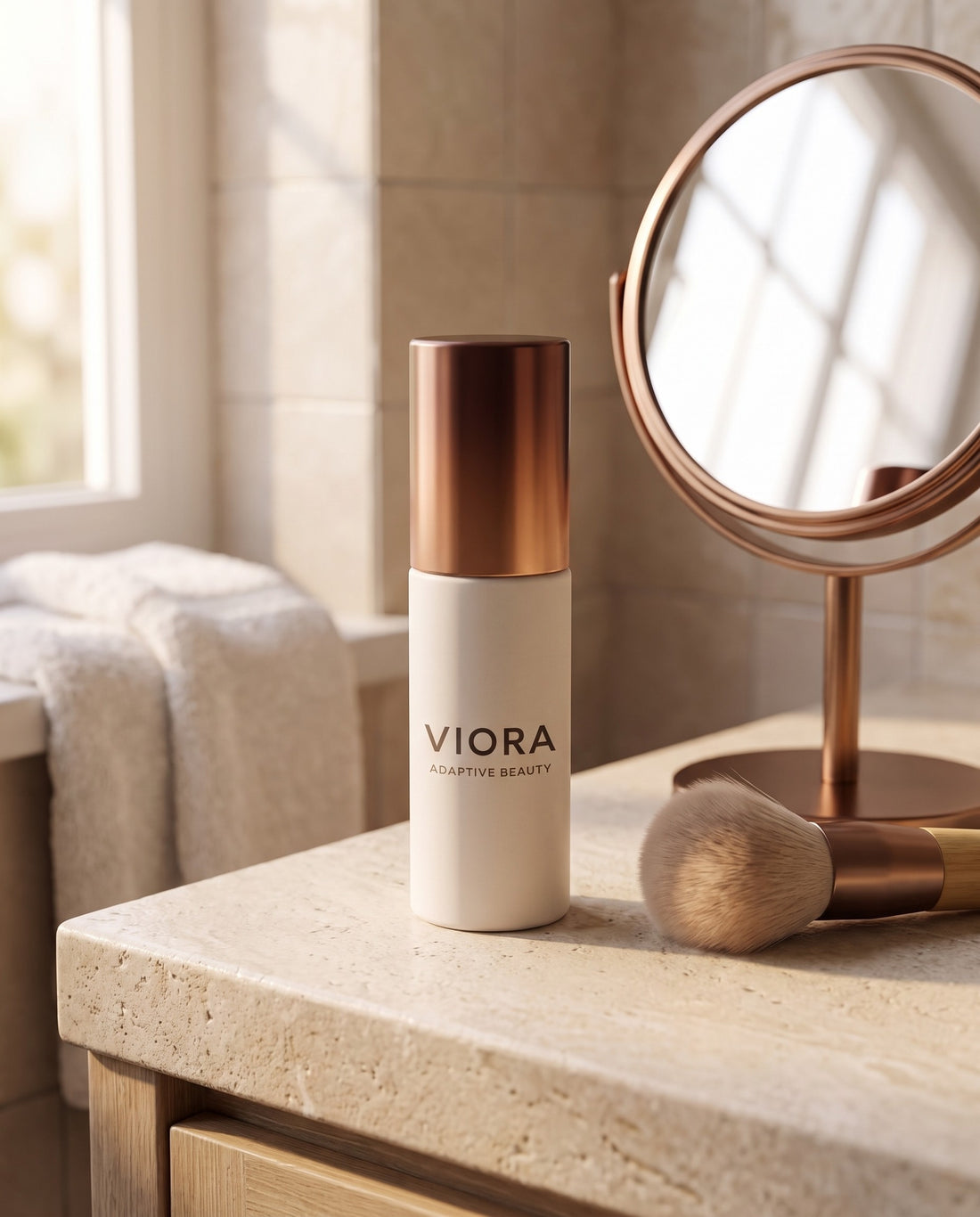 Viora foundation bottle on a bathroom vanity with a mirror and makeup brush