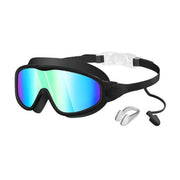 Wavlee kids swim goggles black with rainbow mirrored anti-fog lens, nose clip and ear plugs