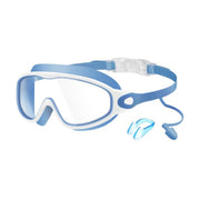 Wavlee kids swim goggles blue and white with clear anti-fog lens, nose clip and ear plugs