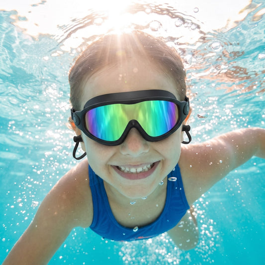 Smiling child swimming underwater wearing black Wavlee kids swim goggles with rainbow mirrored lens