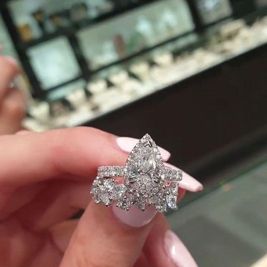 Pear Cut Engagement Ring Set & Leaves Wedding Band – Customizable Shineofdiamond
