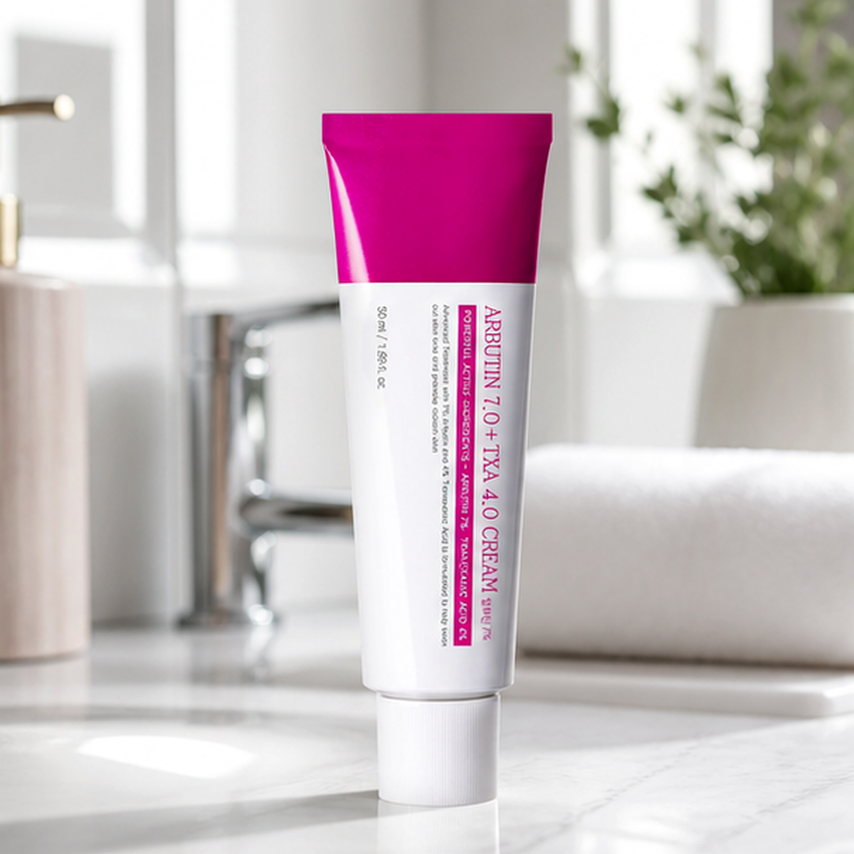 Aurela tube standing on a bright bathroom vanity