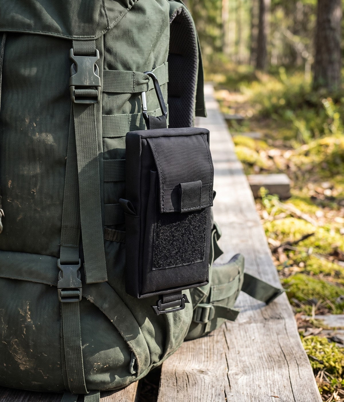 Kordra pouch clipped to a backpack for outdoor carry