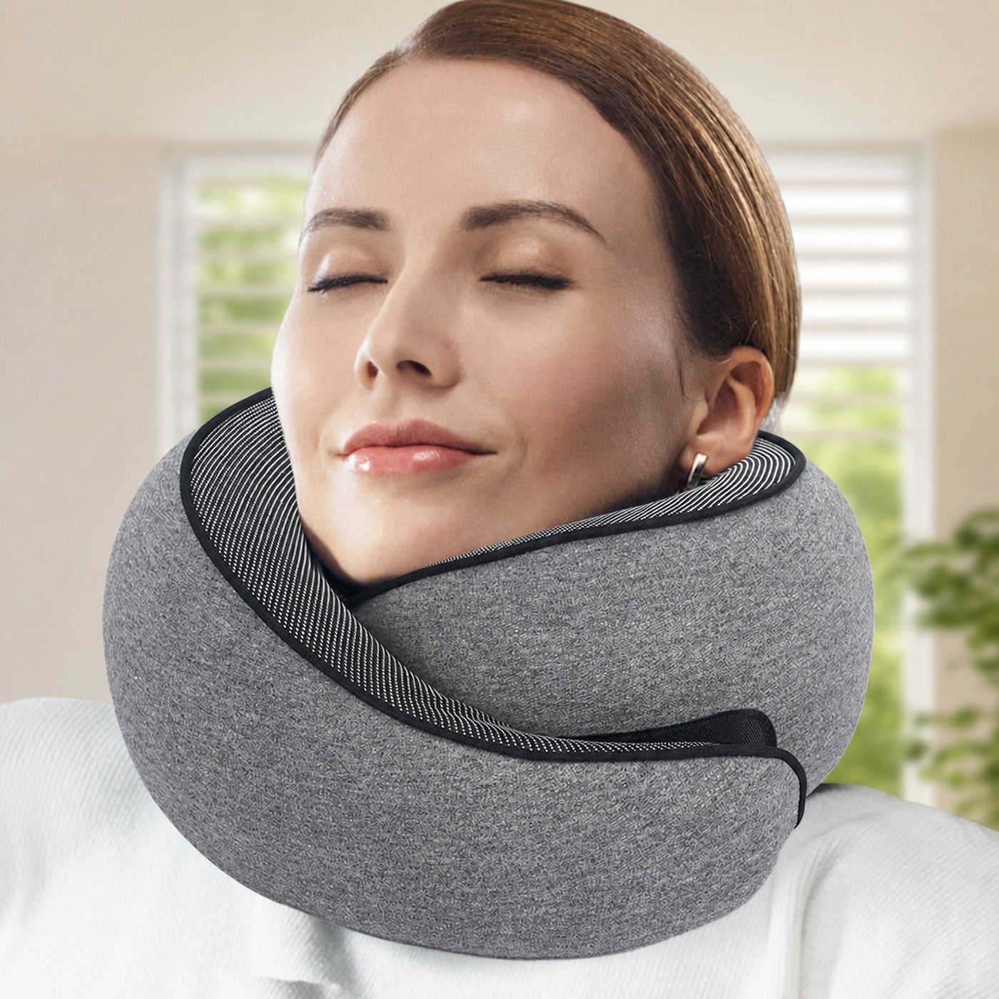 Traveler resting with Navoro wraparound neck support pillow