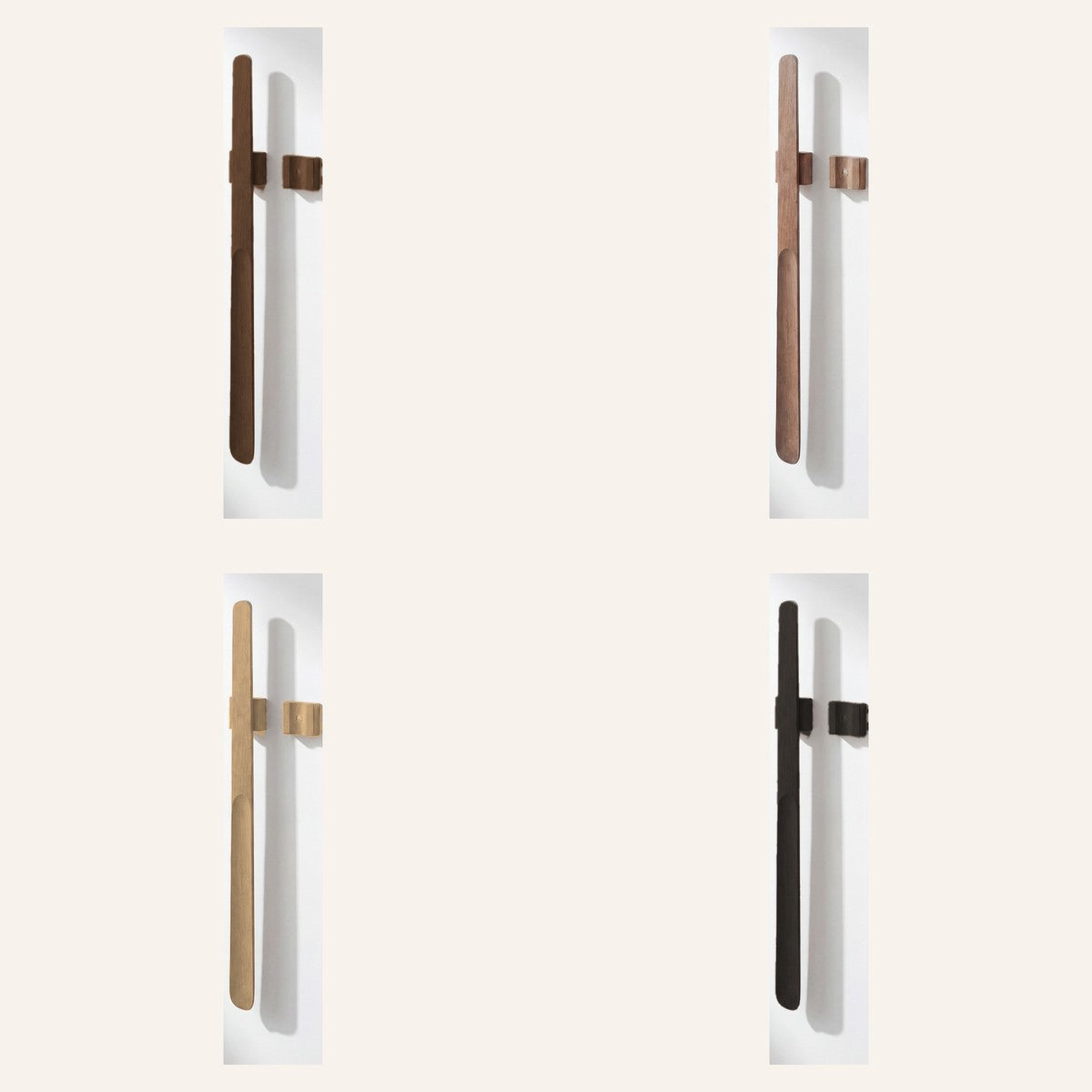 Norlund magnetic shoehorn shown in all four finishes: Dark Oak, Walnut, Light Oak and Black