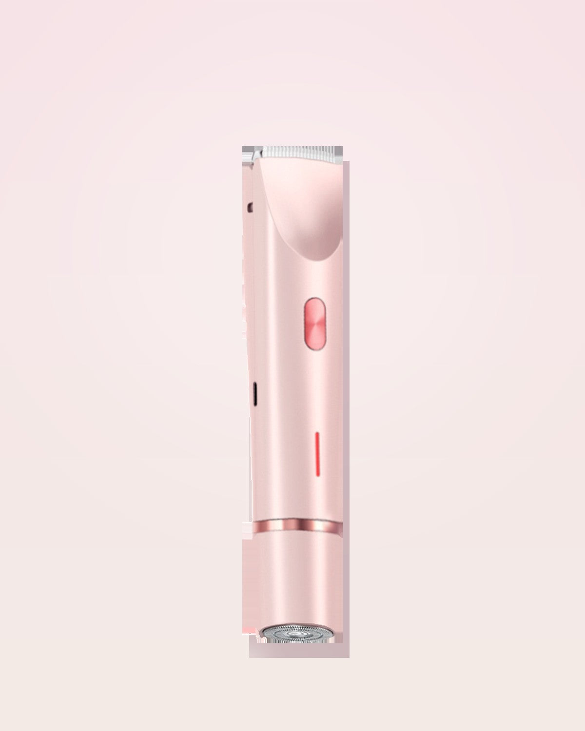 The Rosava body trimmer resting on a soft blush surface, ready for a gentle daily shave