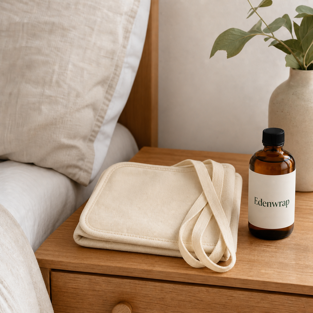 Edenwrap wrap and labeled bottle stored beside a bed