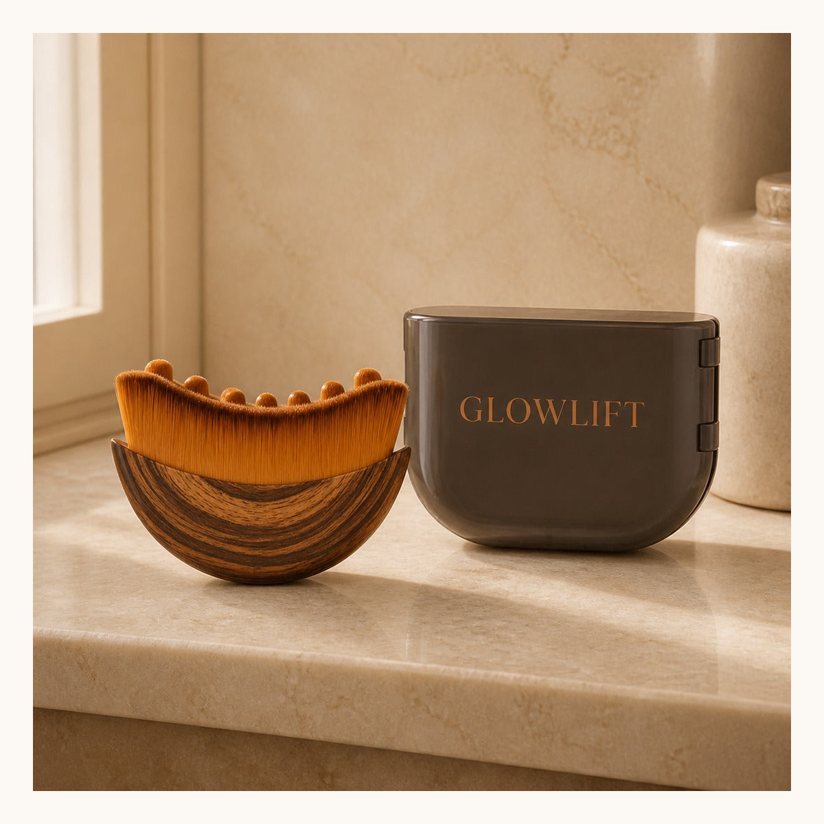 Brown Glowlift crescent brush beside its dark branded case