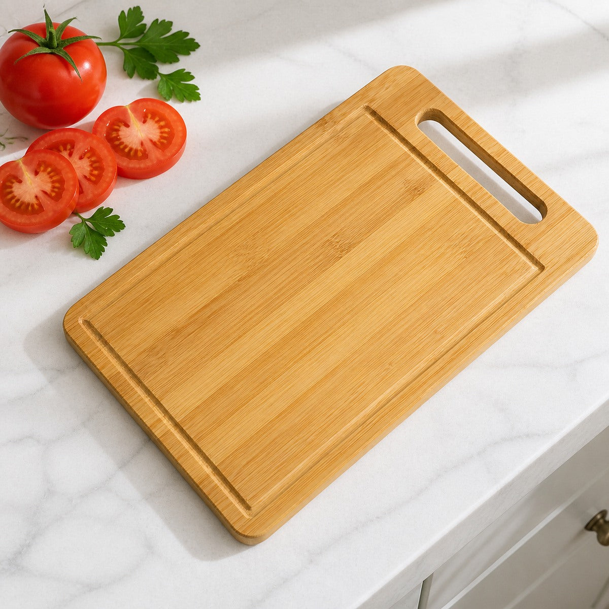 Groovewell bamboo prep board on a kitchen counter