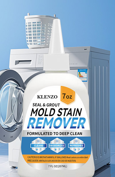 Klenzo bottle in front of a home washing machine