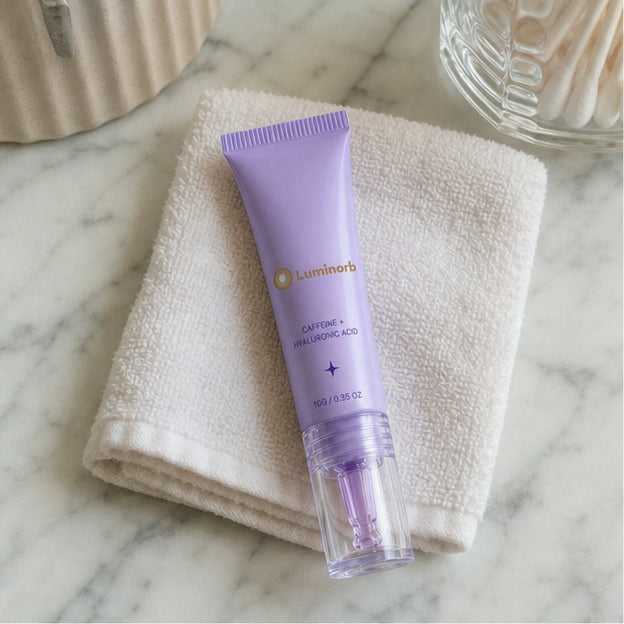 Representative vanity scene showing one integrated Luminorb roller eye gel tube