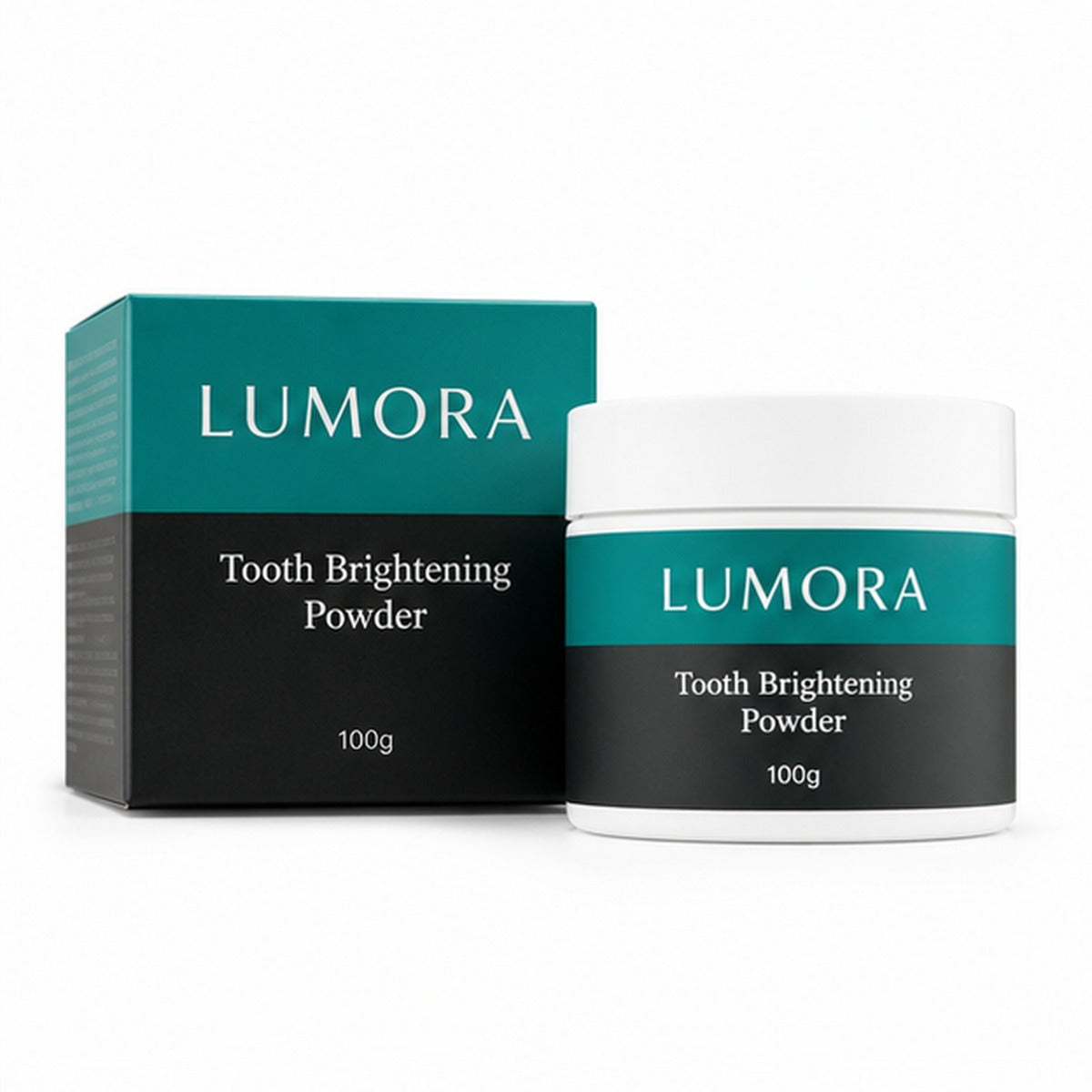 Lumora tooth brightening powder jar and box