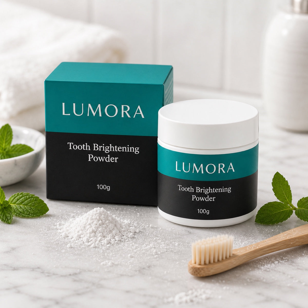 Lumora fine white powder texture with mint