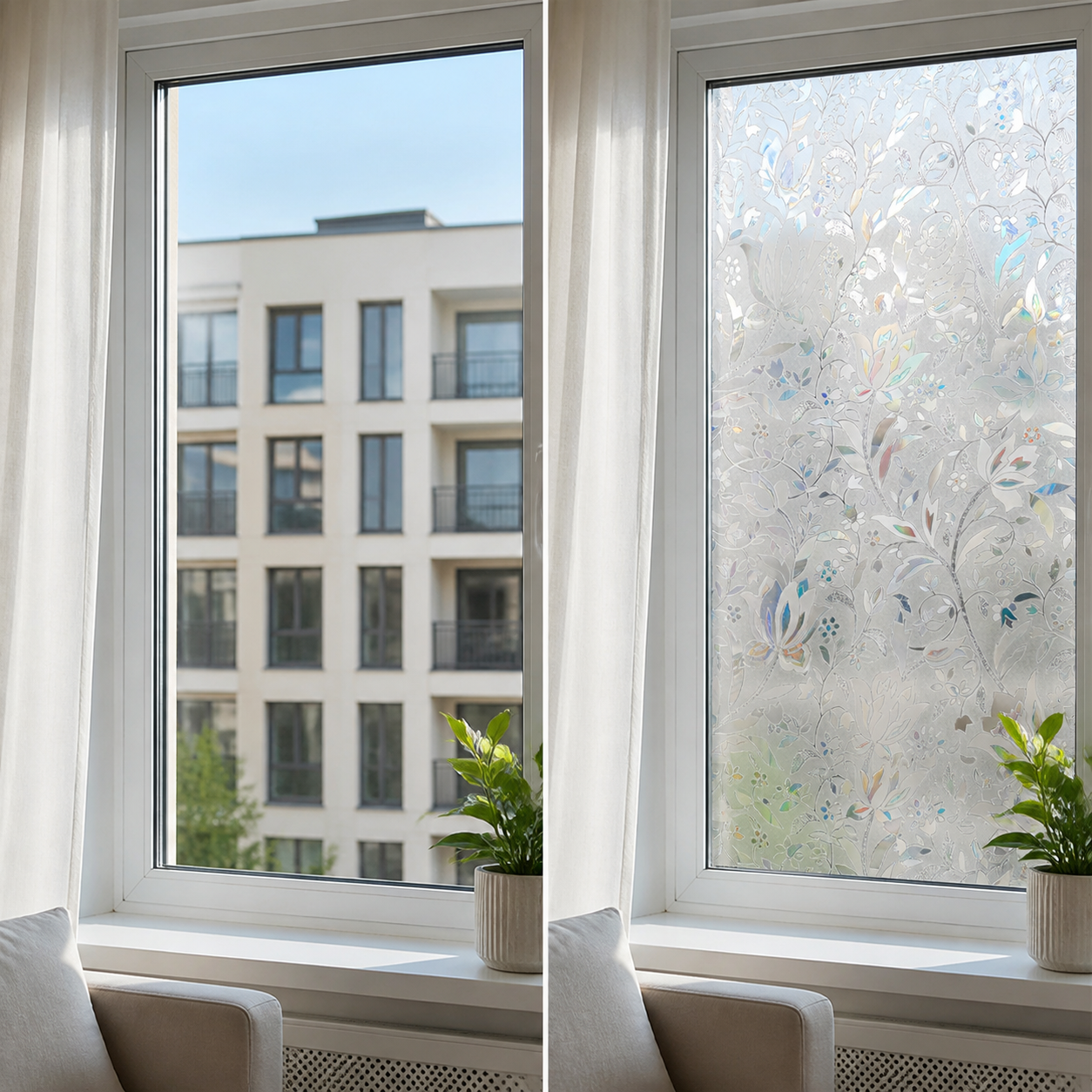 Window before and after PrismShield privacy film