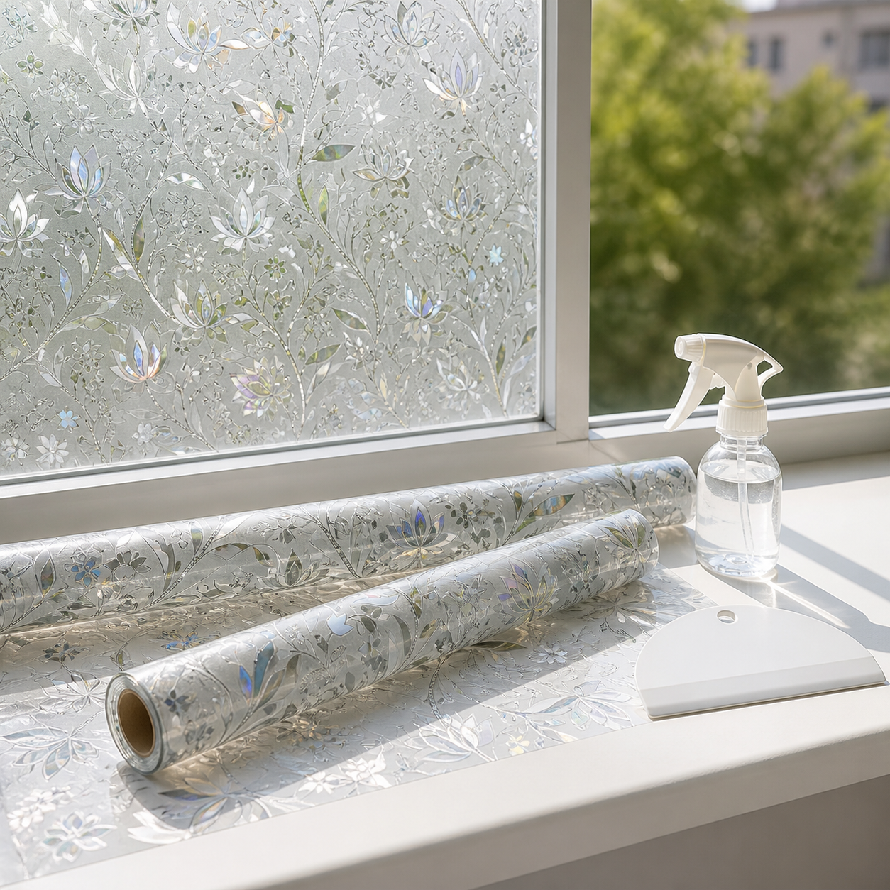 PrismShield privacy film rolls on a bright windowsill