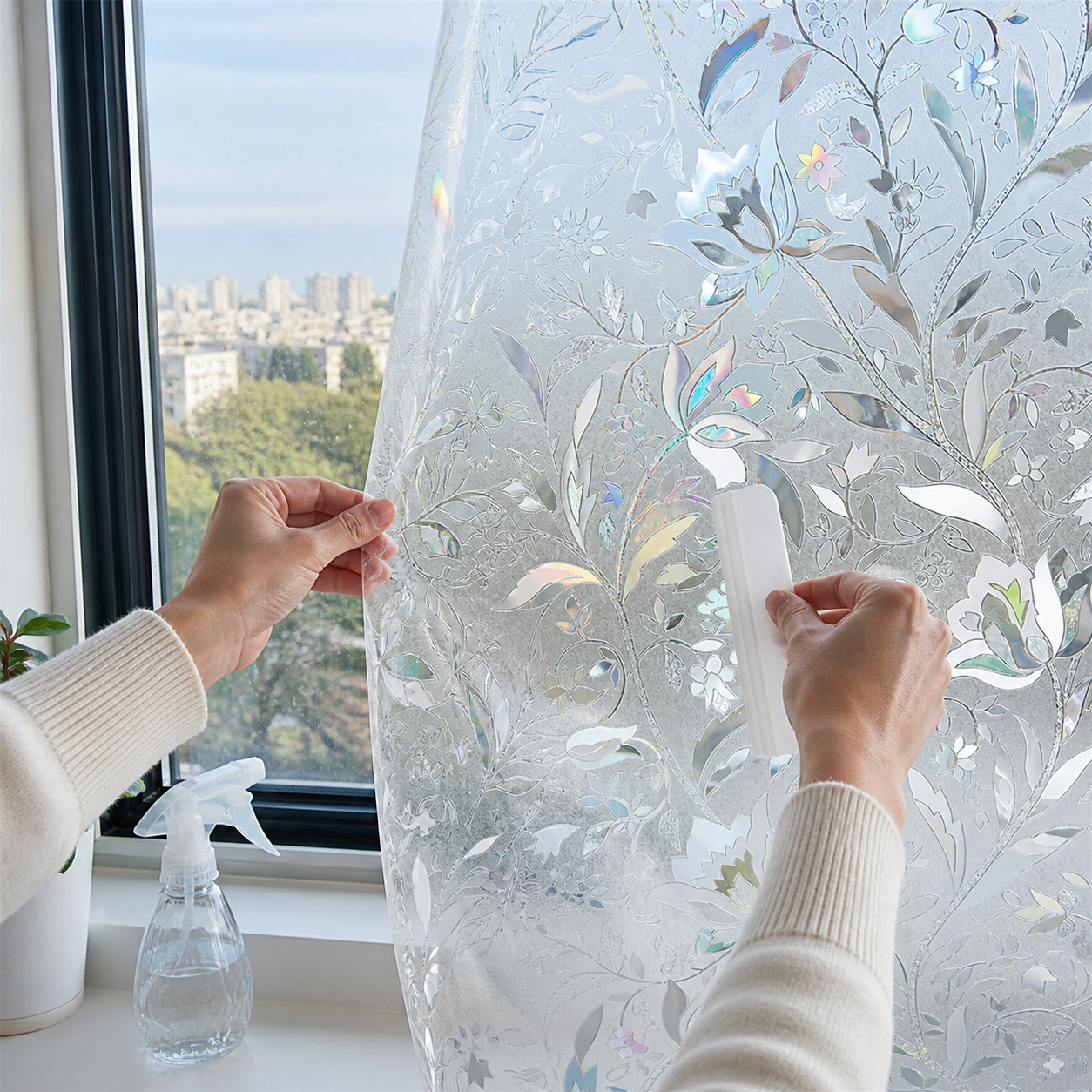 Hands smoothing PrismShield film on a window