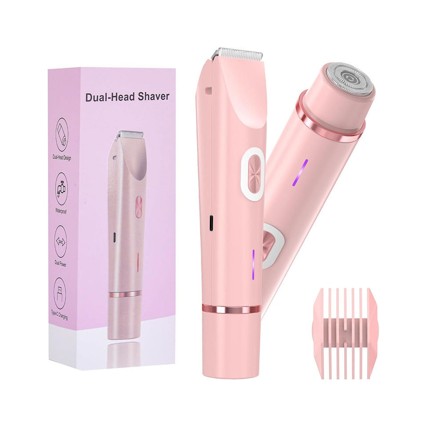 Rosava 2-in-1 body trimmer showing the foil shaver head and the precision trimmer head with comb guard