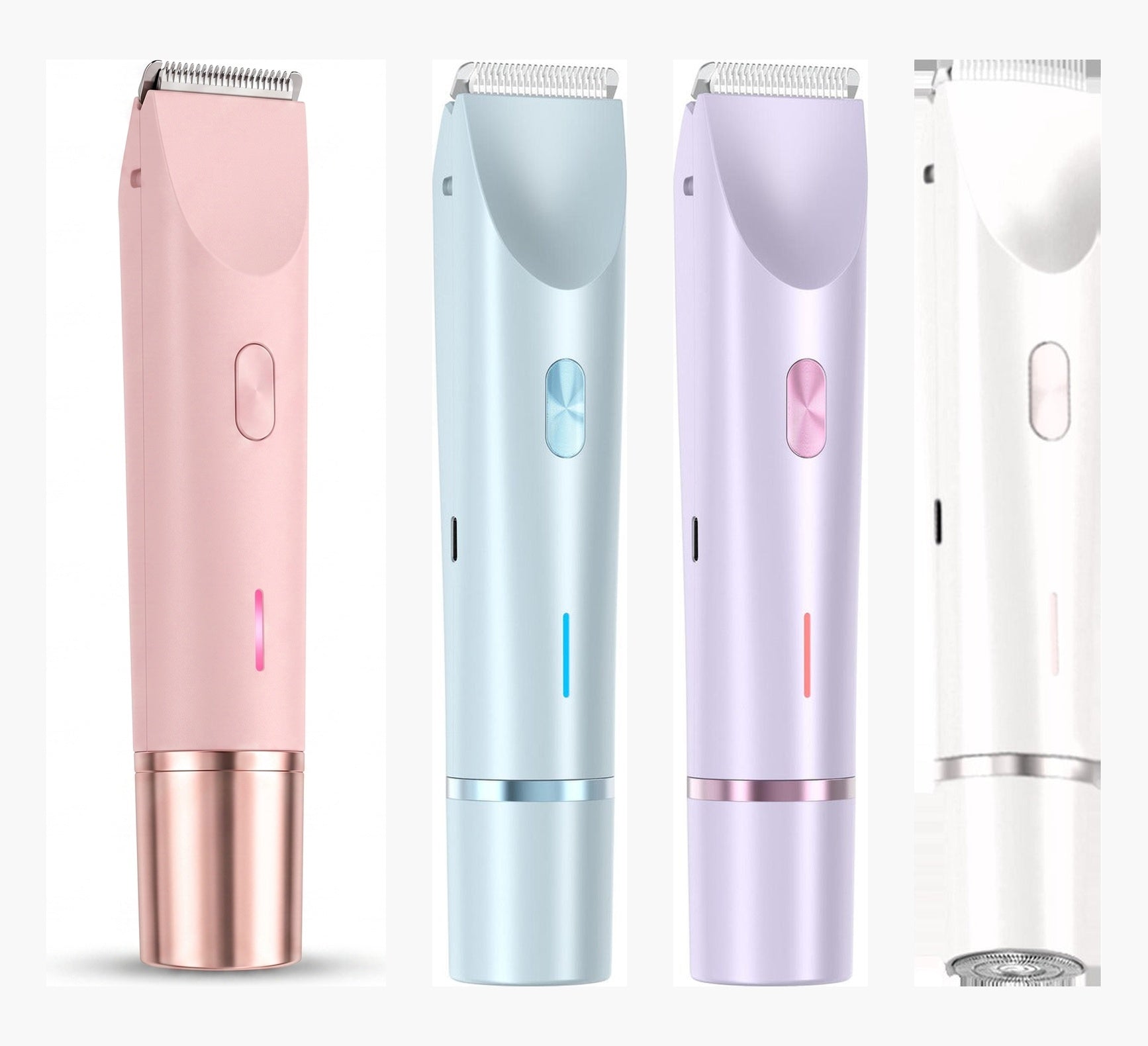 Rosava body trimmer shown in all four shades side by side: Soft Rose, Light Blue, Lavender and White