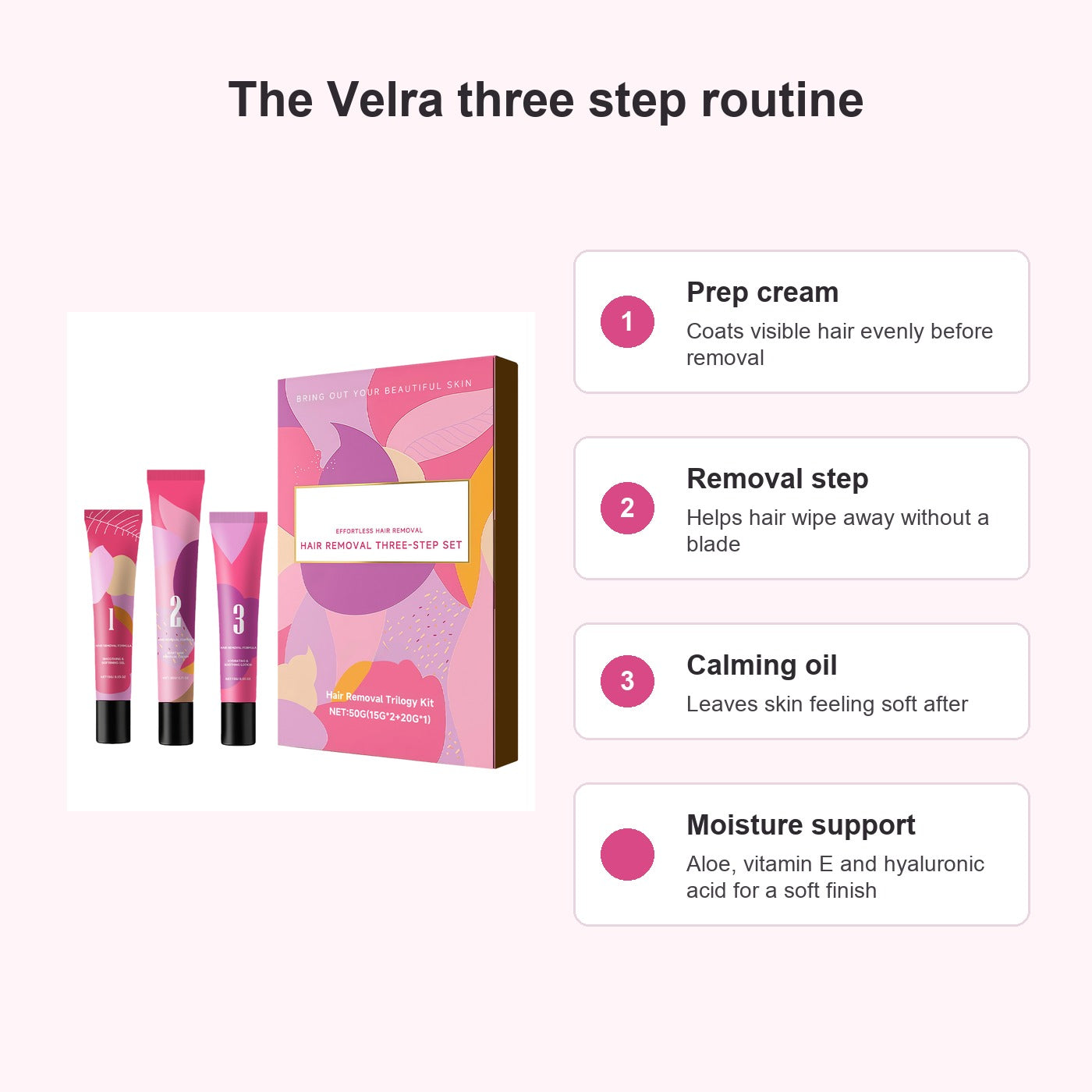 Velra hair-removal formula ingredient callouts